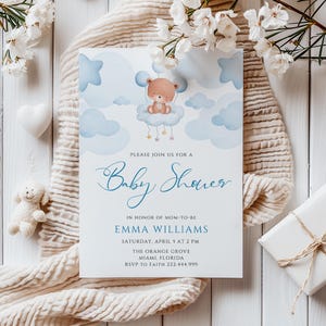 Teddy Balloons Baby Shower Invitation, Baby Shower Baby Blue Watercolor Teddy Minimalist 1st Birthday Editable Template, Digital Download