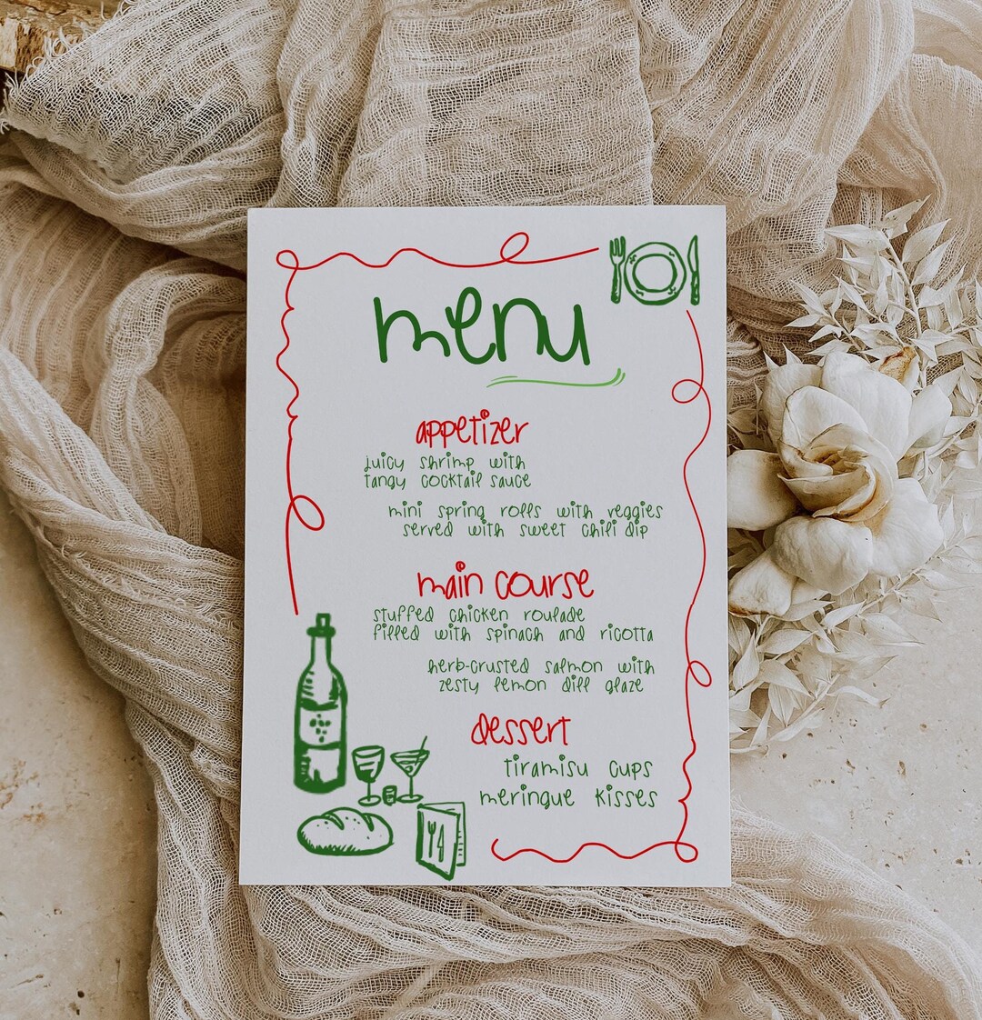 Whimsical Wedding Menu Template Printable, Hand Drawn Line Art ...