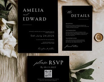 Black Wedding Invitation Suite, Modern Invites Bundle (Digital Download)