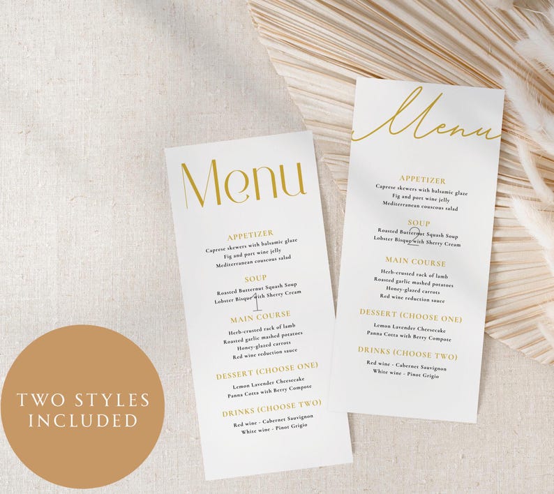Editable Gold Menu Card Template, Wedding Dinner Menu Gold, Printable ...
