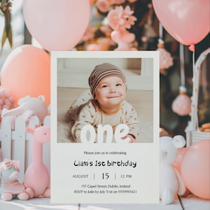 Editable First Birthday Invitation Template, Photo Invite (Instant Download)