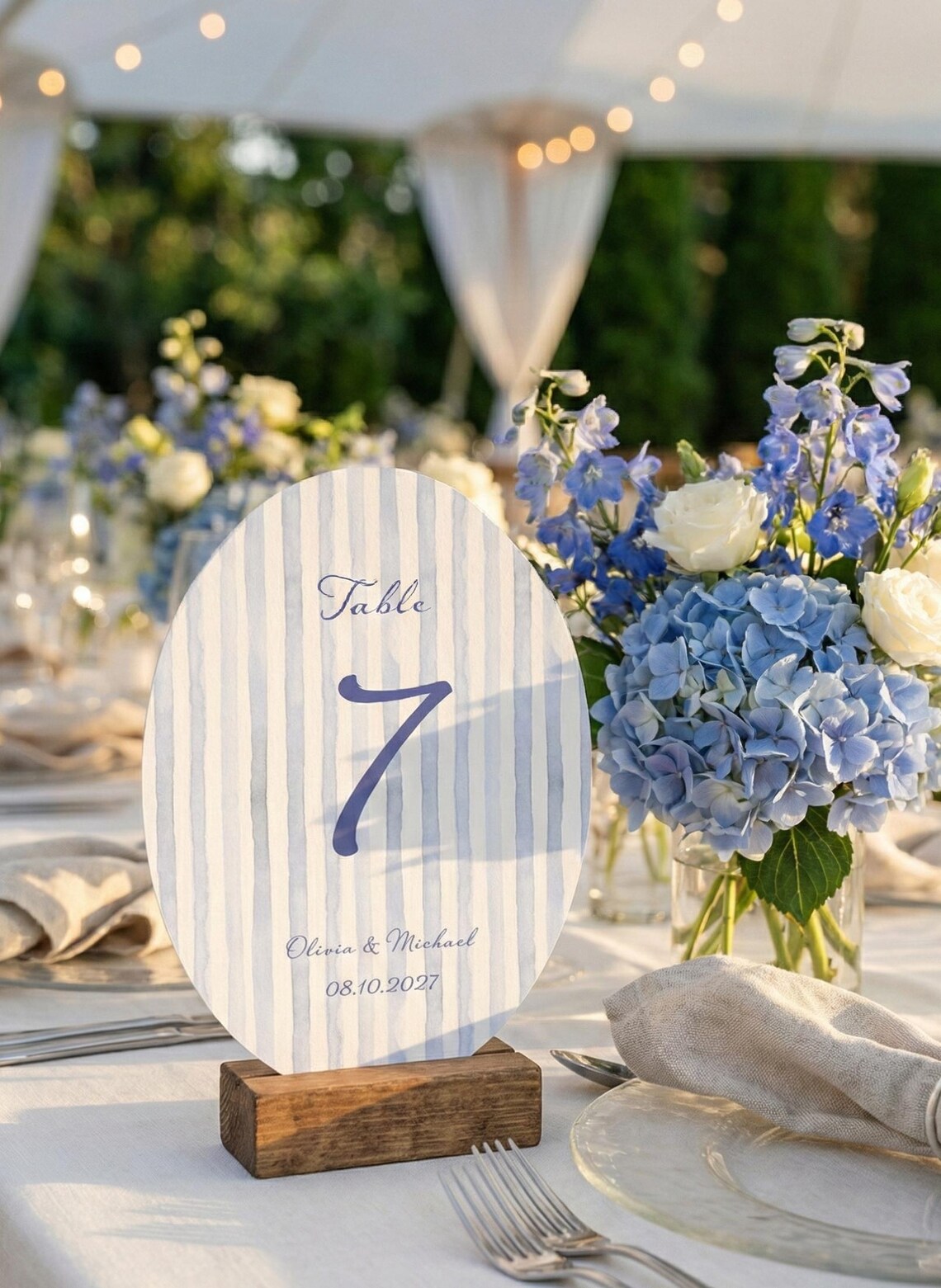 Blue Striped Oval Table Number Template Wedding Table Sign Editable ...