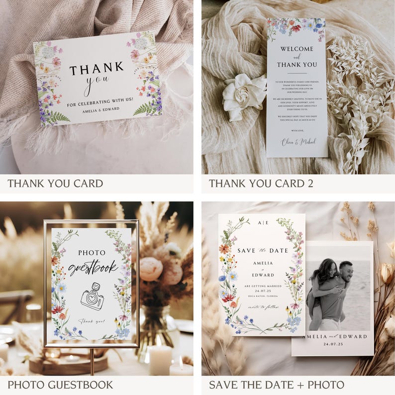 K&ouml;nnte beinhalten: Vier Hochzeitspapeterie-Designs mit floralem Thema. Die Designs umfassen eine Dankeskarte, eine Willkommens- und Dankeskarte, ein Schild f&uuml;r ein Foto-G&auml;stebuch und eine Save-the-Date-Karte mit Foto. Die floralen Designs sind in den Farben Rosa, Blau, Gelb und Gr&uuml;n gehalten.