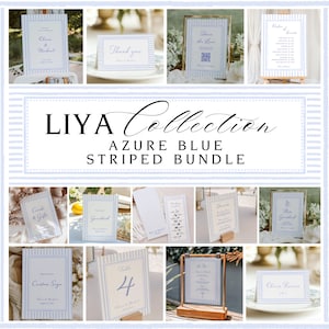 Puede incluir: Una colección de papelería de boda a rayas azul y blanco. El conjunto incluye varios letreros, tarjetas de mesa y una tarjeta de agradecimiento. Se muestra el texto "LIYA Collection" y "Azure Blue Striped Bundle". Los letreros tienen fuentes elegantes.