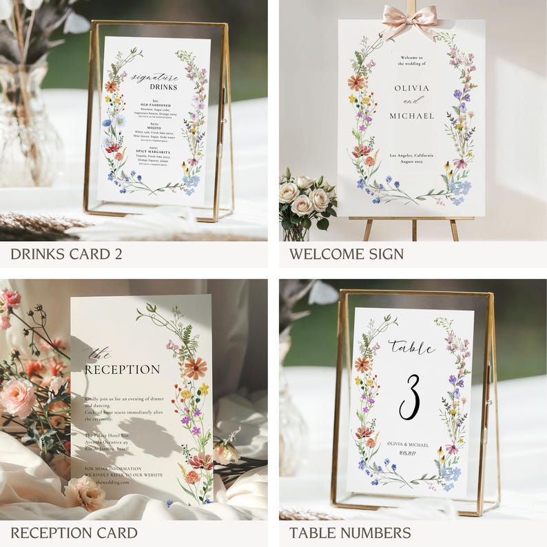 K&ouml;nnte beinhalten: Vier Hochzeitsschilder mit Blumendesigns. Die Schilder stehen auf goldenen St&auml;ndern und zeigen die Worte "Signature Drinks", "Willkommen zur Hochzeit von Olivia und Michael", "Empfang" und "Tisch 3 Olivia und Michael 8.15.20".