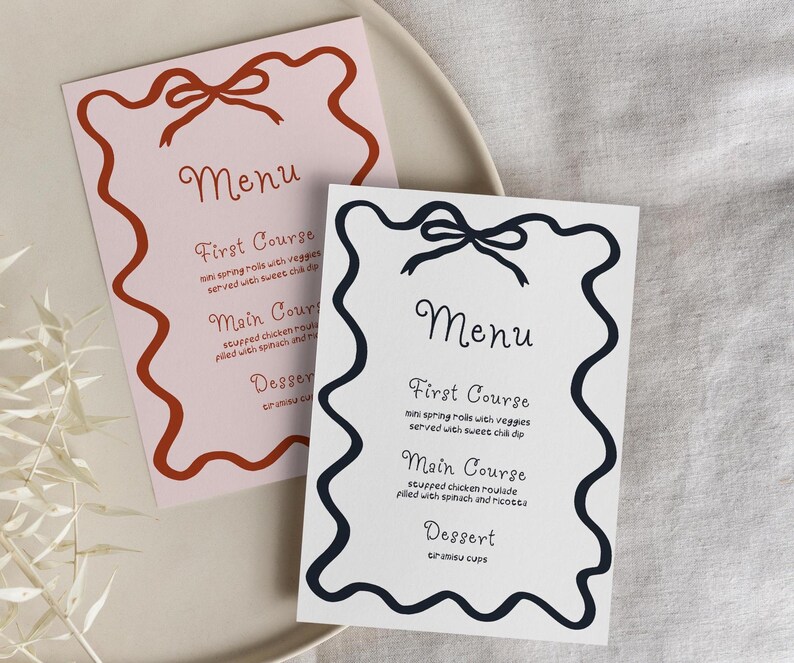 Menu First Course Layout Curvy Bow Menu Template, Hand Drawn, Wedding/bridal Shower Menu ...