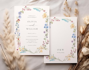 Wildflower Wedding Invitation Template, Floral Wreath (Digital Download)