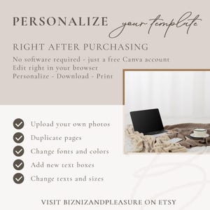 Op de afbeelding: Een beige afbeelding met de tekst "PERSONALIZE your template" en "RIGHT AFTER PURCHASING". De afbeelding bevat een laptop, een deken en een koffiekopje. De tekst somt ook functies op zoals het uploaden van foto's. Bezoek BIZNIZANDPLEASURE OP ETSY.