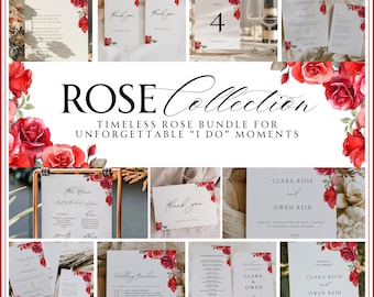 Hochzeitseinladungsset mit roten Rosen, florales Vorlagenset (PDF)