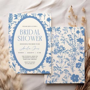 Blue Toile De Jouy Bridal Shower Invitation Template Vintage Floral Chinoiserie Invitation Template Blue Wedding Shower Invite Download