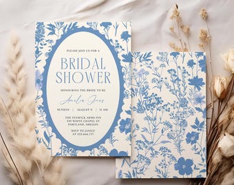 Blue Toile De Jouy Bridal Shower Invitation Template Vintage Floral Chinoiserie Invitation Template Blue Wedding Shower Invite Download