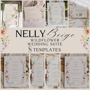 Beige Wildflower Wedding Invitation Template | Boho Floral Wreath (PDF), NELLY