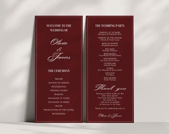 Modello di programma di nozze in stile Old Money, cronologia classica del giorno delle nozze in stile Old Money, elegante ordine di servizio in rosso e bianco, modificabile da Canva