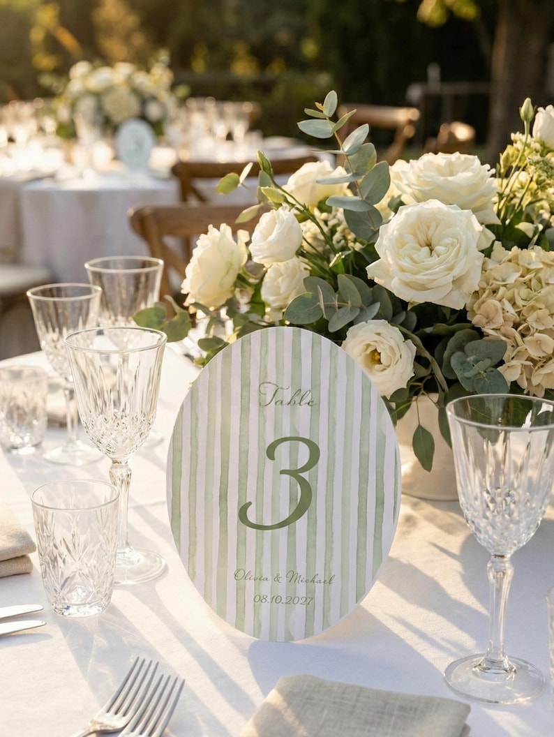 K&ouml;nnte beinhalten: Eine Hochzeitstafel mit Blumenschmuck und Tischnummer. Die ovale Tischnummer hat ein gr&uuml;n-wei&szlig; gestreiftes Design mit der Nummer "3", den Namen "Olivia & Michael" und dem Datum "08.10.2027". Kristallgl&auml;ser und Besteck liegen auf der wei&szlig;en Tischdecke.