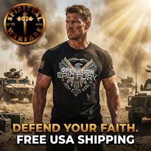 May include: Black t-shirt with the text "OPERATION EPIC FURY" and an eagle design. The image features a man in the shirt, with military vehicles in the background. The words "SPIRITUAL WARFARE" are in a gold circle.