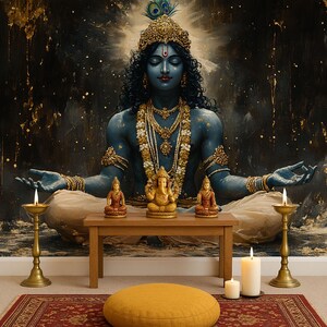Krishna Radha Pichwai Art Wallpaper | Peel and Stick Pooja Room Decor image 1