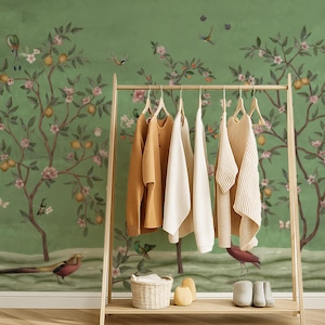 Chinoiserie Peel and Stick Wallpaper: Vintage Floral Bird Wall Mural