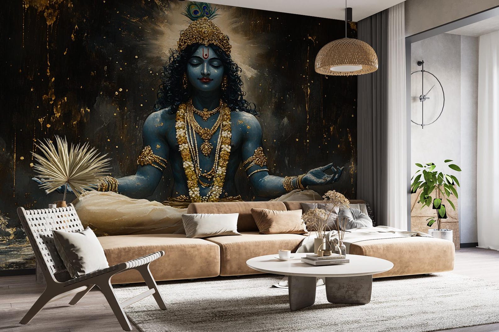 Krishna Radha Pichwai Art Wallpaper | Peel and Stick Pooja Room Decor ...