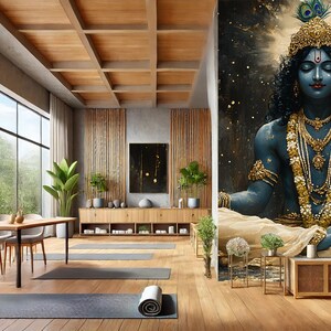 May include: A modern yoga studio with a large wall mural featuring a blue deity with a golden crown and jewelry, sitting in a meditative pose. The studio has wooden floors, large windows, and a wooden table with chairs.