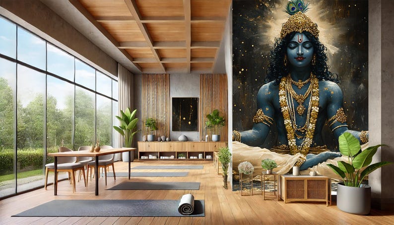 May include: A modern yoga studio with a large wall mural featuring a blue deity with a golden crown and jewelry, sitting in a meditative pose. The studio has wooden floors, large windows, and a wooden table with chairs.