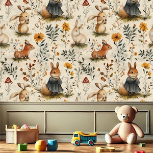 Vintage Waldtier Tapete-Hase, Eichhörnchen & Florale Kinderzimmer Wandkunst