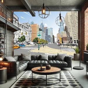 Ilustração de paisagem urbana em estilo de história em quadrinhos Papel de parede de vinil removível e adesivo Papel de parede de lona removível e adesivo