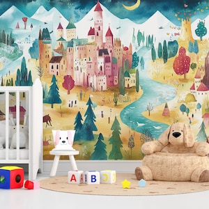 Fantasy City Peel and Stick Wallpaper: Whimsical Kids Room Mural
