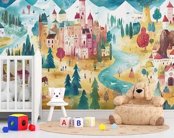 Fantasy City Peel and Stick Wallpaper: Whimsical Kids Room Mural