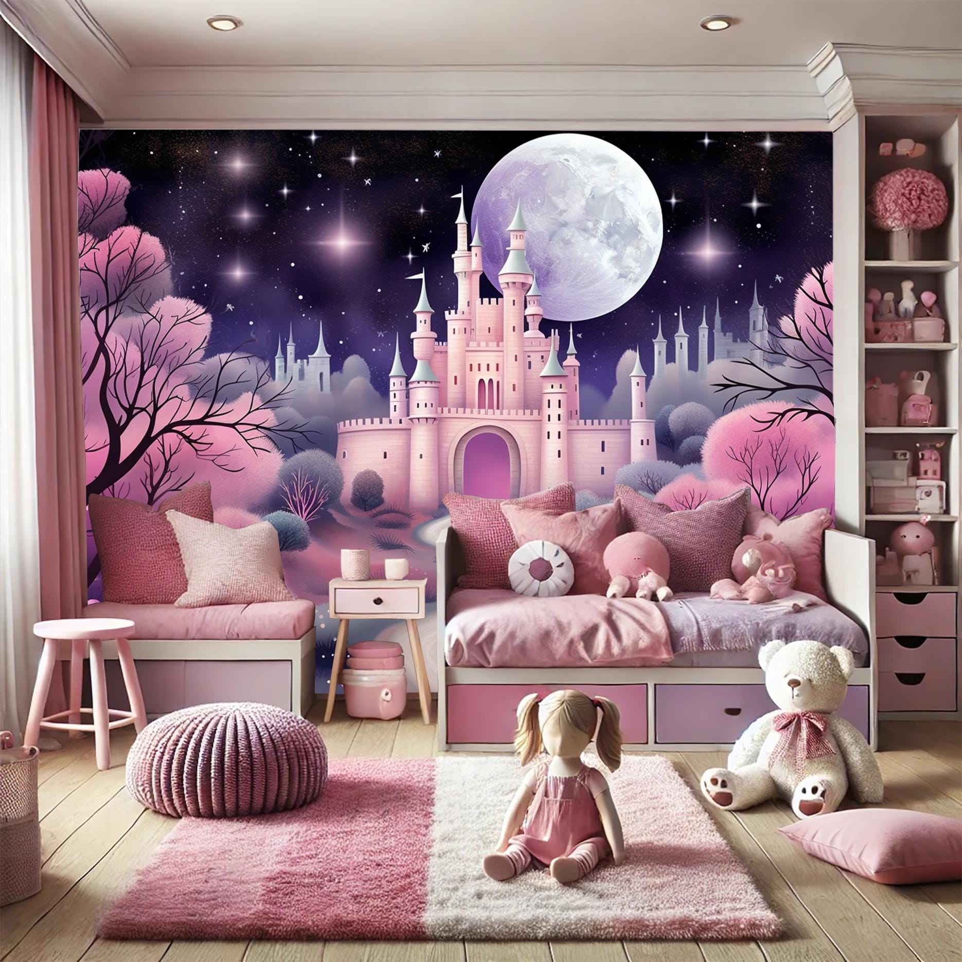 Pink Fairy Tale Castle Wall Mural – Magical Fantasy Wallpaper for Kids ...