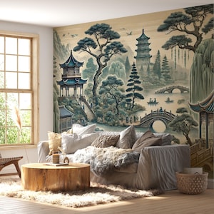 Japanese Landscape Mural: Willow Tree, Pagoda, Zen Garden Peel and Stick Wallpaper