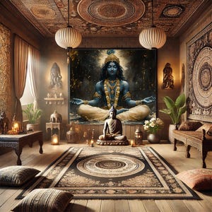 May include: A meditation room with a large tapestry featuring a blue deity in a meditative pose. The room is decorated with traditional Indian decor, including a rug, pillows, and lamps.