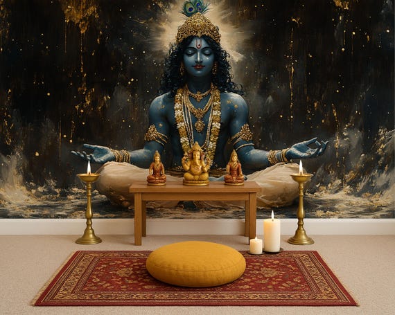Krishna Radha Pichwai Art Wallpaper | Peel and Stick Pooja Room Decor