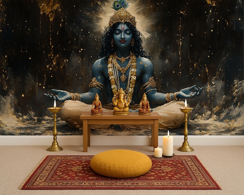 Krishna Radha Pichwai Art Wallpaper | Peel and Stick Pooja Room Decor image 1