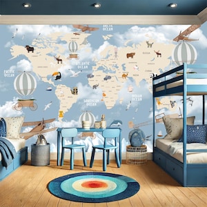 Adventure Map Wallpaper, Peel and Stick Wallpaper, Vintage Travel Decor, Heißluftballons & Flugzeuge Wallpaper, Vintage Luftfahrt Wallpaper