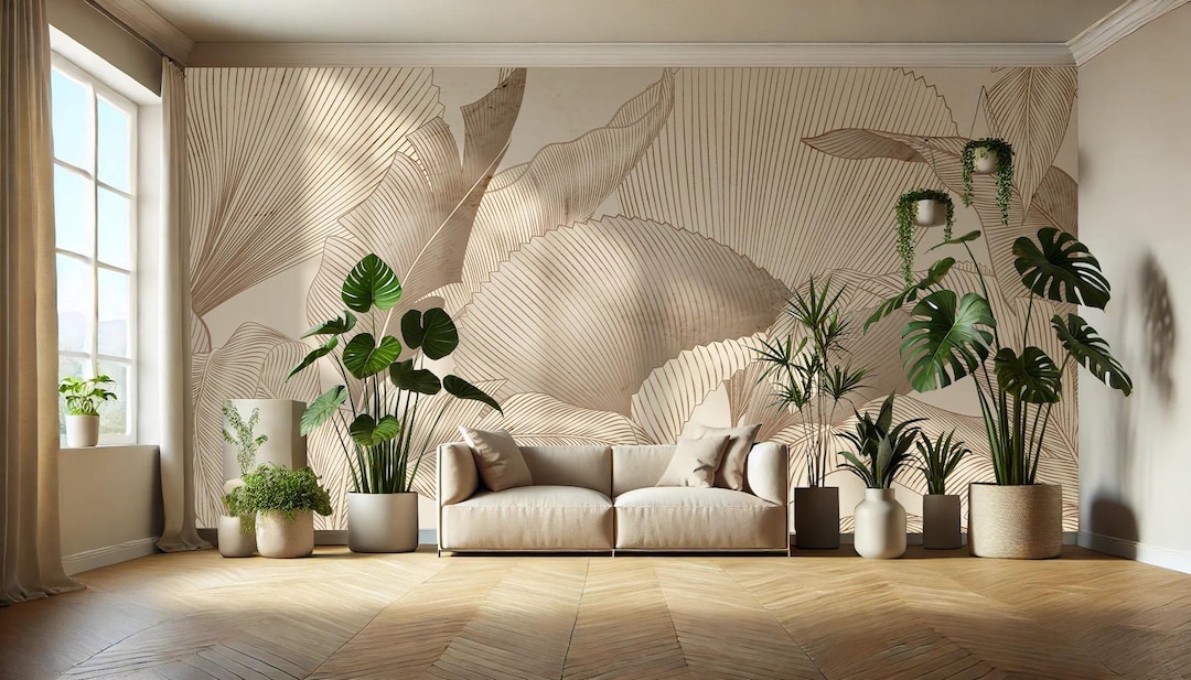 Beige Banana Leaf Peel and Stick Wallpaper: Tropical Wall Mural - Etsy