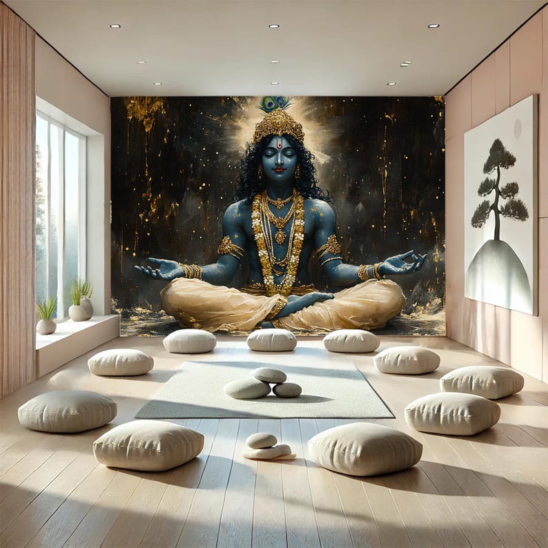 May include: A blue deity figure with a golden crown and jewelry sits in a meditative pose on a golden and black background. The figure is surrounded by a halo of light and stars.