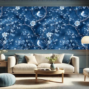 Blue Floral Branches Wallpaper With Birds-elegant Nature-inspired Wall ...
