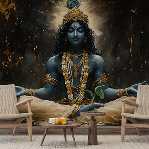 May include: A blue-skinned deity with a golden crown and jewelry sits in a meditative pose against a dark background with gold accents. The deity has a serene expression and is adorned with intricate jewelry.