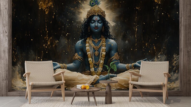 May include: A blue-skinned deity with a golden crown and jewelry sits in a meditative pose against a dark background with gold accents. The deity has a serene expression and is adorned with intricate jewelry.