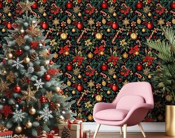 Festive Christmas Ornaments Wallpaper–Vintage Holiday Decor with Poinsettias & Greenery