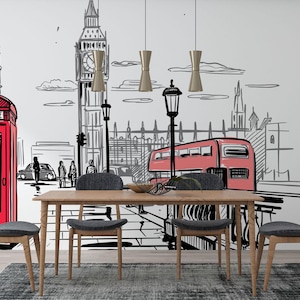 Carta da parati con schizzi della città di Londra, arte murale urbana con cabina telefonica rossa e ferrovia di Paddington e autobus a due piani, carta da parati staccabile, fai da te