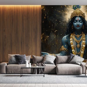 May include: A digital art print featuring a blue deity with a golden crown and jewelry, sitting in a meditative pose against a dark background with gold accents.