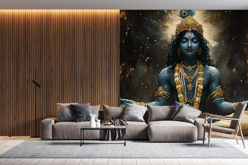 May include: A digital art print featuring a blue deity with a golden crown and jewelry, sitting in a meditative pose against a dark background with gold accents.