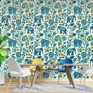Indian-Inspired Elephant and Floral Pattern Wallpaper - Decorative Indian Style Elephant and Floral Pattern Wallpaper