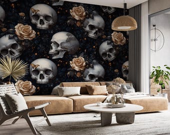 Gothic Skull and Roses Peel and Stick Wallpaper: Dark Floral