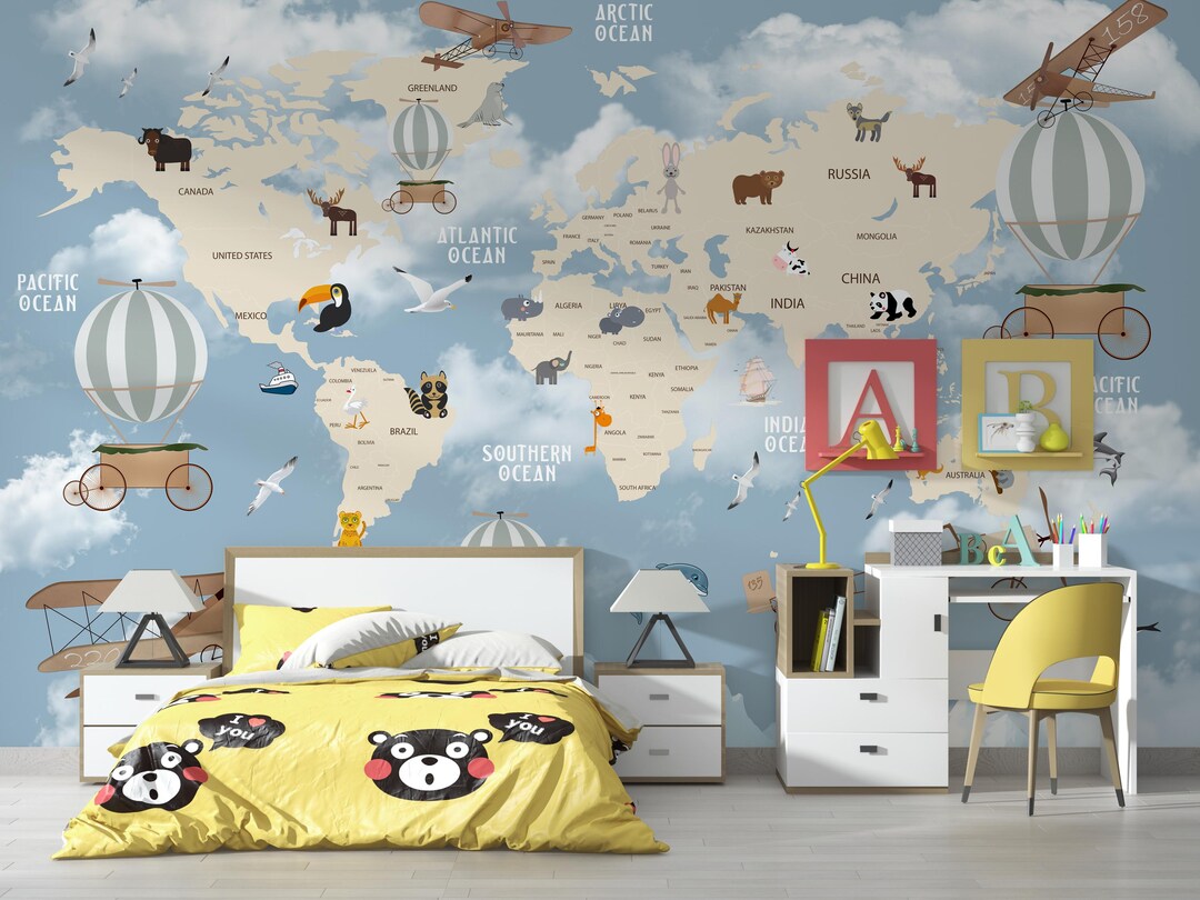 Kids World Map Mural Peel and Stick Wallpaper – Animal Nursery Wall ...