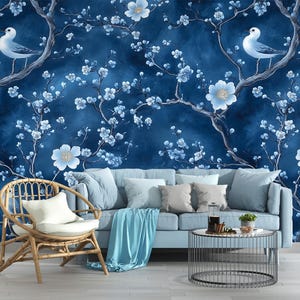 Blue Floral Branches Wallpaper With Birds-elegant Nature-inspired Wall ...