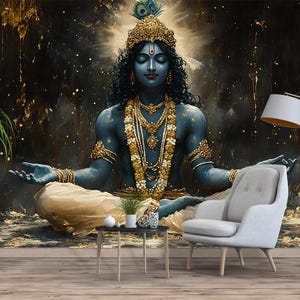 May include: A blue deity with a golden crown and jewelry sits in a meditative pose against a dark background with gold accents. The deity has a serene expression and is adorned with intricate jewelry.