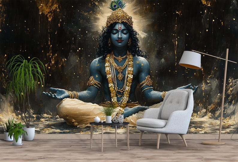 May include: A blue deity with a golden crown and jewelry sits in a meditative pose against a dark background with gold accents. The deity has a serene expression and is adorned with intricate jewelry.
