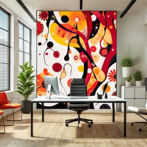 Carta da parati energica e vibrante per ufficio - Design rosso, arancione e nero audace - Carta da parati moderna creativa - Murale da parete astratto dinamico